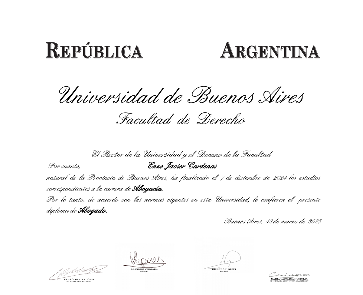 University of Buenos Aires law degree awarded to Enzo Javier Cárdenas